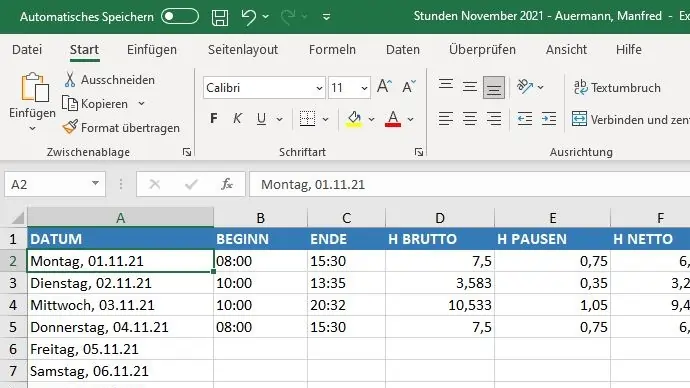 Stundenzettel Export Excel