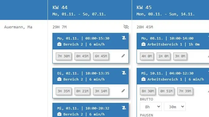 Arbeitszeiten und Pausenzeiten Excel Export